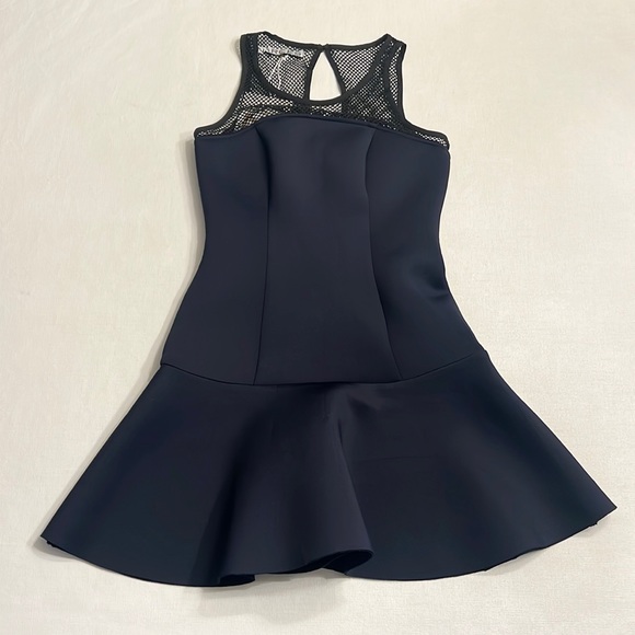 NWT Narces Navy Blue Neoprene Fit & Flare Dress with Mesh Top - Picture 2 of 6
